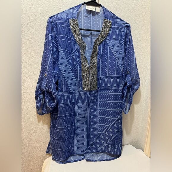 Chico's Petite Blue Mixed Print Silver Sequin Embellished Tunic Top - Picture 3 of 9